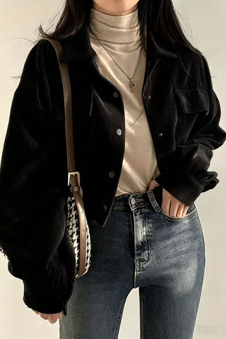 Ribbed Button-Front Collared Jacket