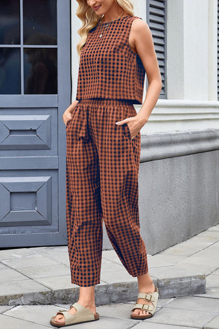 Sleeveless Plaid High-Waist Pants Set