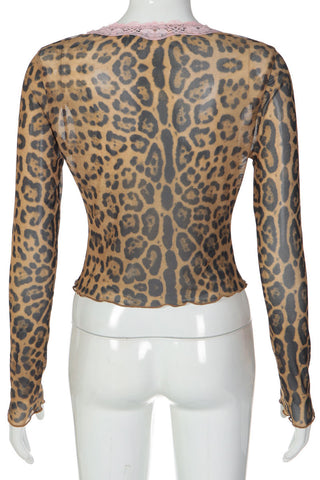 Sheer Leopard Lace Trim Button Front Top