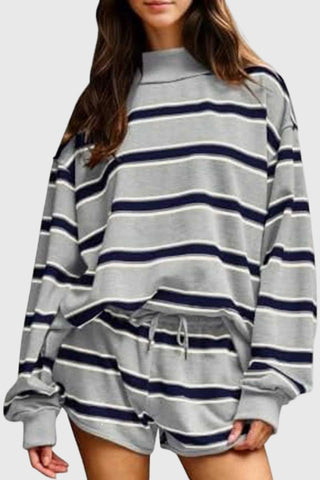 Striped Mock Neck Long Sleeve Short Set