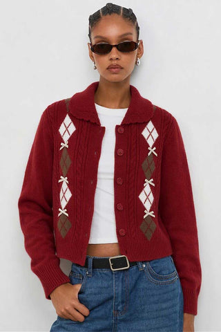 Argyle Bow Knit Collar Cardigan