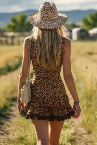 Leopard V-Neck Ruffle Hem Mini Dress