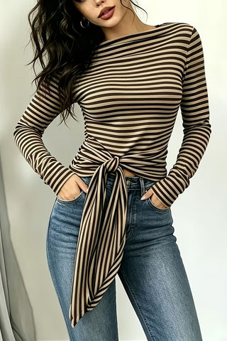 Striped Long Sleeve Tie-Front Blouse