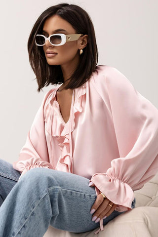Ruffle V-Neck Tie Sleeve Satin Blouse