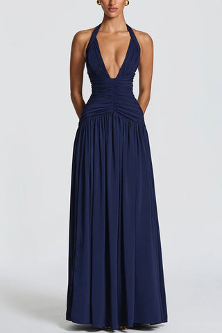 Ruched Halter V-Neck Maxi Casual Dress