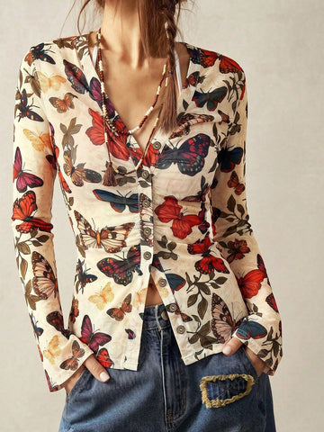 Butterfly Print V-Neck Button-Front Blouse