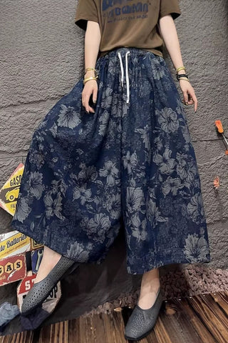 Drawstring Floral Wide Leg Jeans