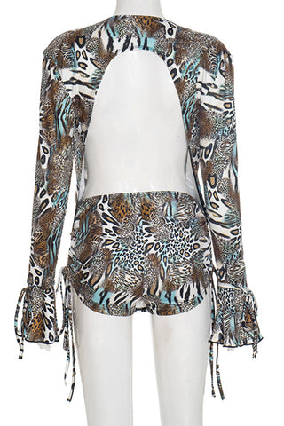 Animal Print Cowl Neck Shorts Set
