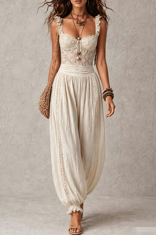 Lace Bodice Ruffle Strap Balloon Leg Jumpsuit