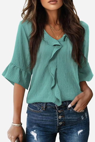 Ruffled V-Neck Blouse with Tiered Sleeves