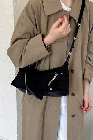 Suede Zipper Detail Slouchy Shoulder Bag