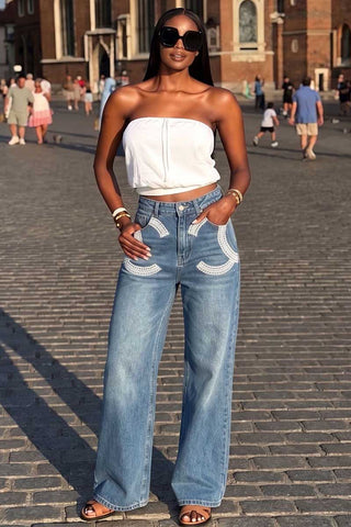 Patterned High-Waist Wide-Leg Straight Jeans