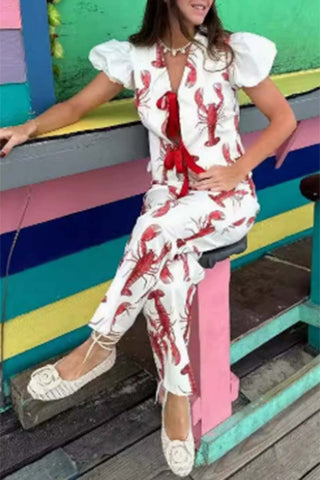 Tie-Front Printed Pants Set