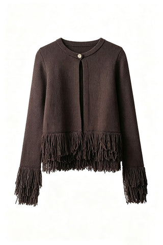 Fringe Trim Crew Neck Knit Cardigan