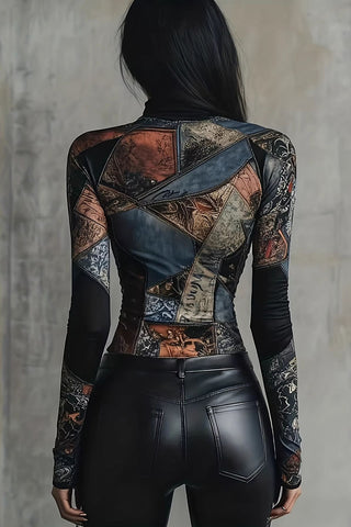 Patchwork Print Mock Neck Bodycon Blouse