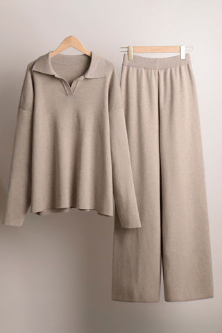Knit Collared Top and Wide-Leg Pants Set
