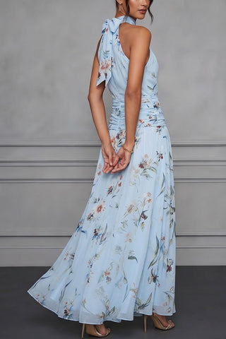 Floral Halter Ruched Maxi Dress