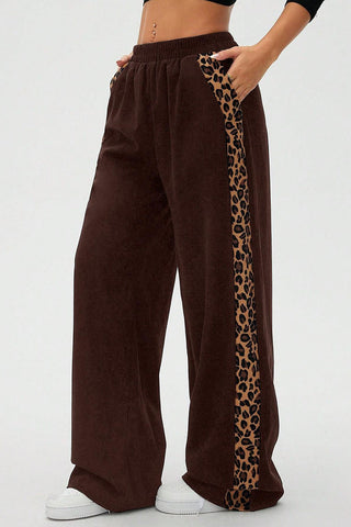 Leopard Print Side Stripe Wide Leg Casual Pants