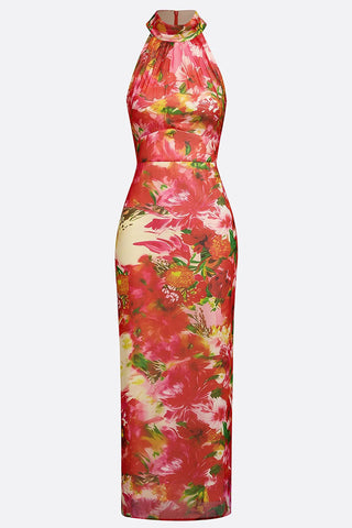 Floral Halter Ruched Maxi Dress