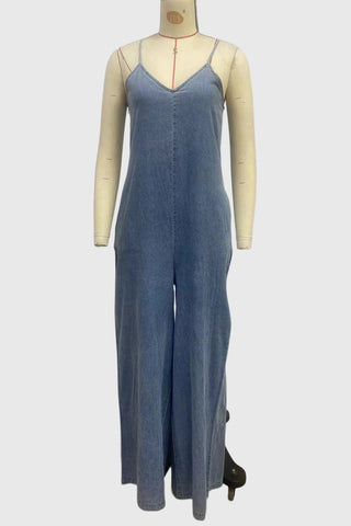 V-Neck Spaghetti Strap Denim Overalls