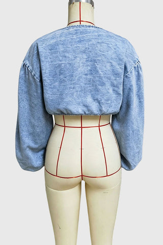Lace-Up Puff Sleeve Denim Jacket