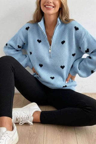 Heart Print Half-Zip Knit Sweater