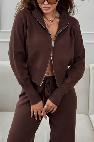 Zip-Front Mock Neck Knit Pants Set