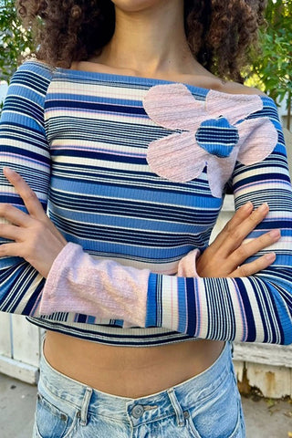 Floral Applique Off-Shoulder Striped Crop Top