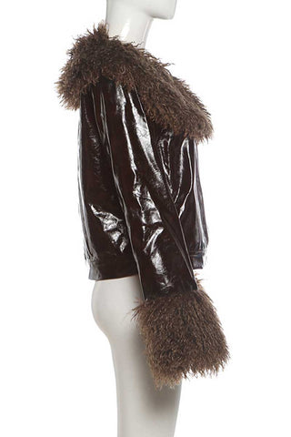 Fuzzy Collar Cropped Button-Front Jacket