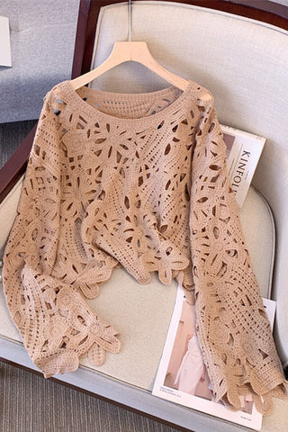 Floral Crochet Hollow Long Sleeve Cover-Up