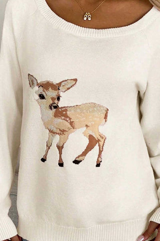 One-Shoulder Fawn Intarsia Knit Sweater