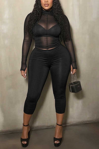 Sheer Mock Neck Crop Top and Capri Pants Set