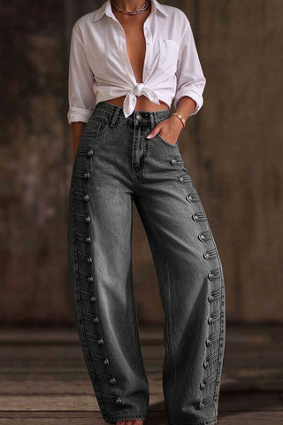 High-Waist Button Detail Barrel Jeans