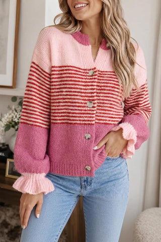 Striped Button-Front Ruffle Cuff Cardigan