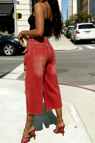 Distressed Wide-Leg Cargo Casual Pants