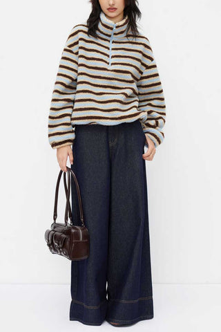 Striped Half-Zip Mock Neck Fleece Jacket