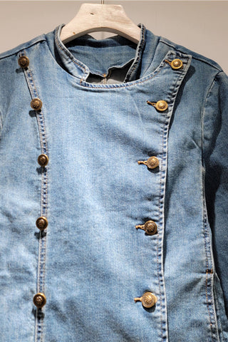 Double-Breasted Collarless Denim Jacket