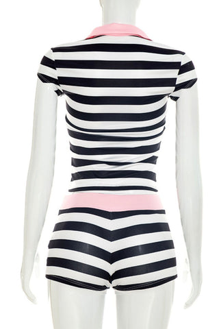 Striped Polo Collar Short Set