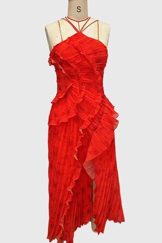 Floral Ruffle Halter Pleated Evening Dress