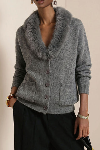Faux Fur Collar Button-Front Knit Cardigan
