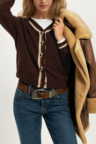 Striped Trim V-Neck Button Cardigan
