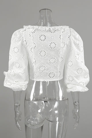 Lace Puff Sleeve Lace-Up Crop Top
