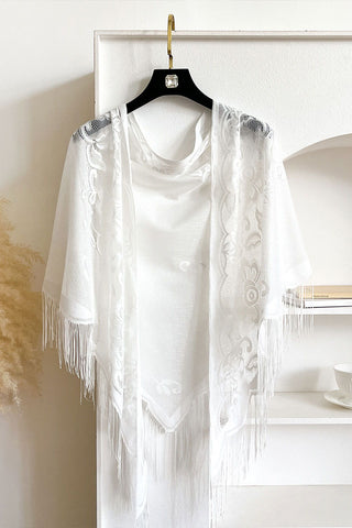 Floral Lace Open Front Fringe Cape