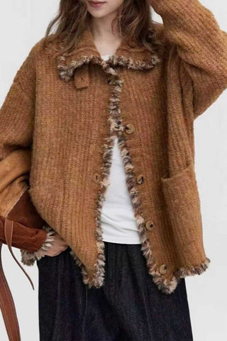 Fuzzy Textured Frayed Trim Cardigan