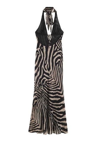 Zebra Print Halter Tie-Neck Maxi Dress