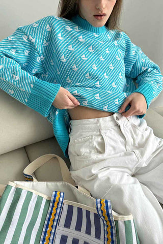 Bird Motif Crew Neck Knit Sweater