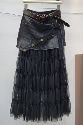 Denim Overlay Tiered Mesh Midi Skirt
