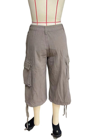 Cargo Pocket Drawstring Hem Capri Jeans