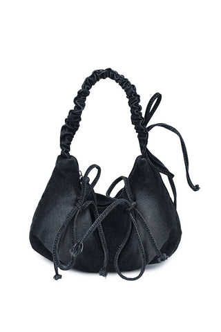 Ruched Handle Drawstring Denim Hobo Bag