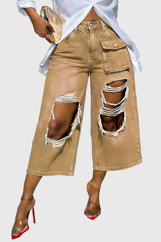 Distressed Wide-Leg Cargo Casual Pants